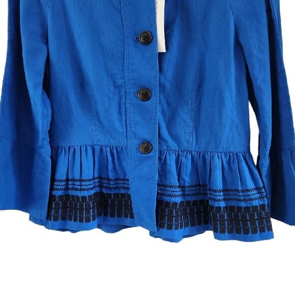 Ann Taylor Blue Embroidered Button Front Flounce Linen Blend Jacket Top XS NEW - Picture 5 of 8